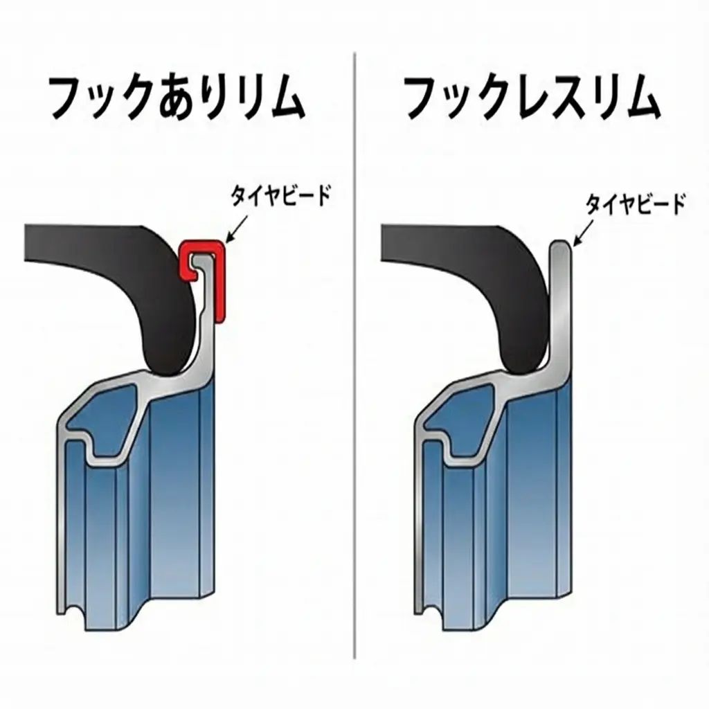 フックレスリムとフックありリムの断面構造比較図