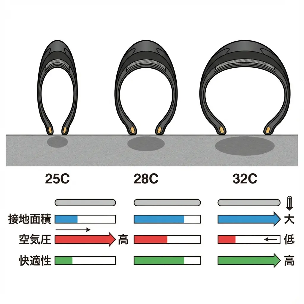 25cと28c、32cのタイヤ断面と接地面積の比較イメージ図