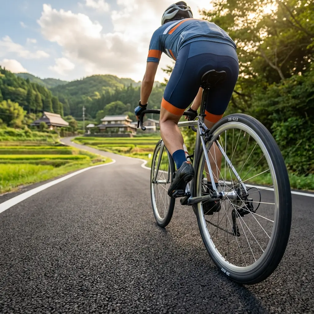 太めのロードバイクタイヤで荒れた路面を快適に走行するライダーの足元