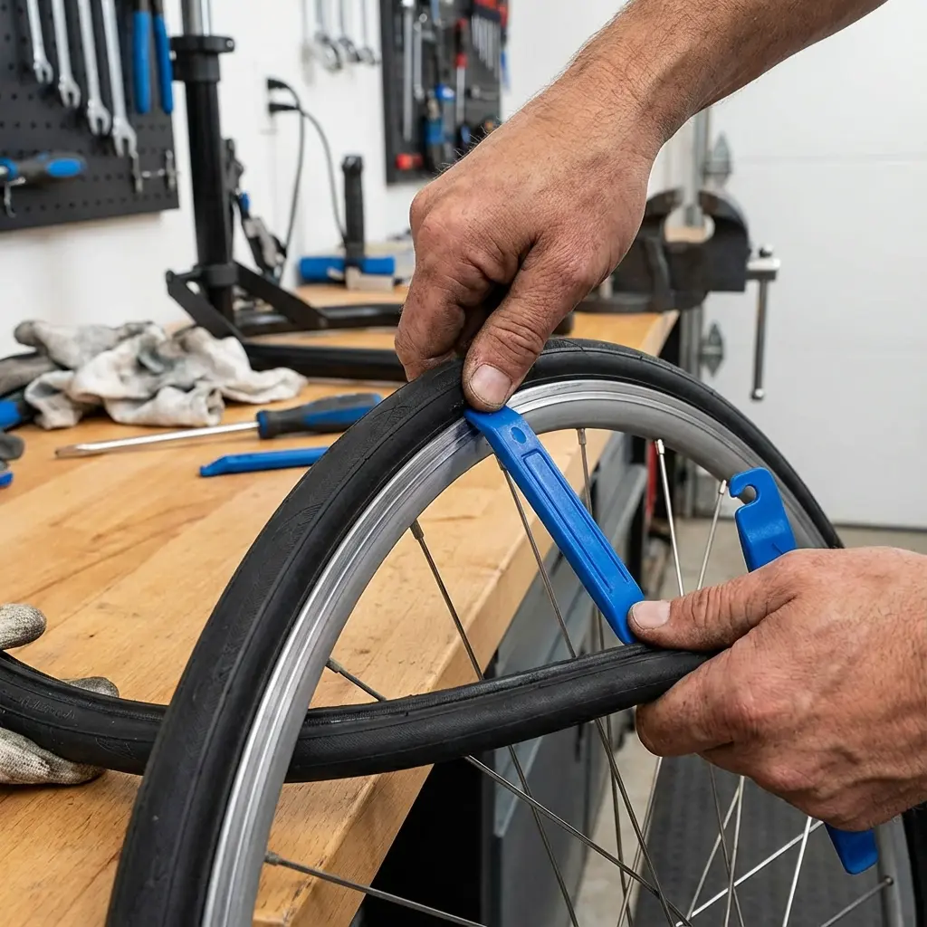 タイヤレバーでビードを外す作業