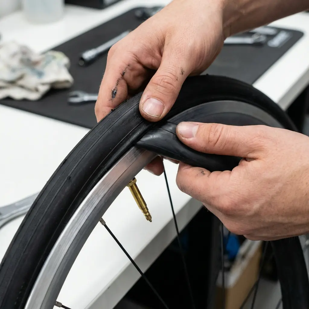 チューブをタイヤ内に収める作業