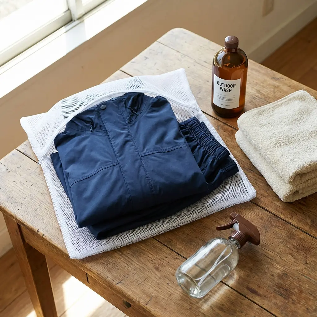 レインウェアの洗濯・撥水処理の様子