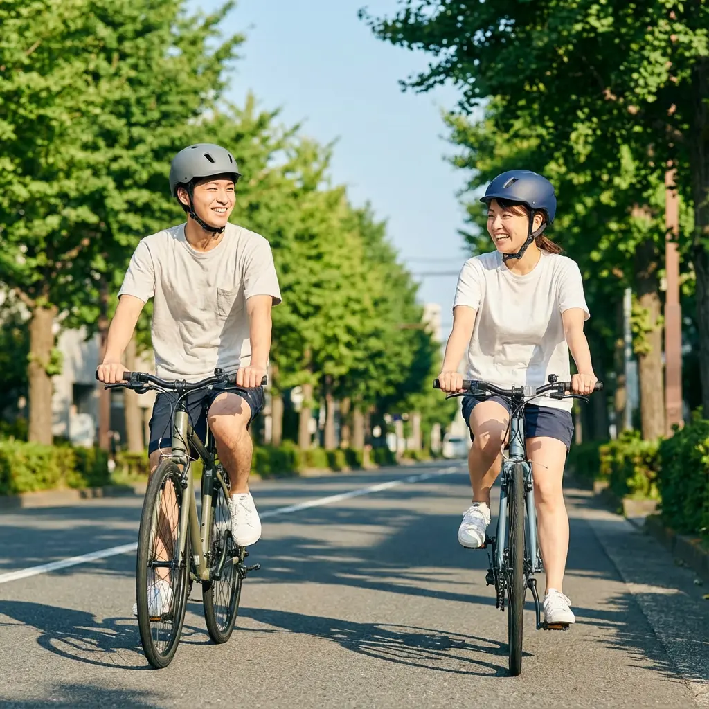 爽やかな晴天の中、サイクリングロードを笑顔で走る初心者ライダー