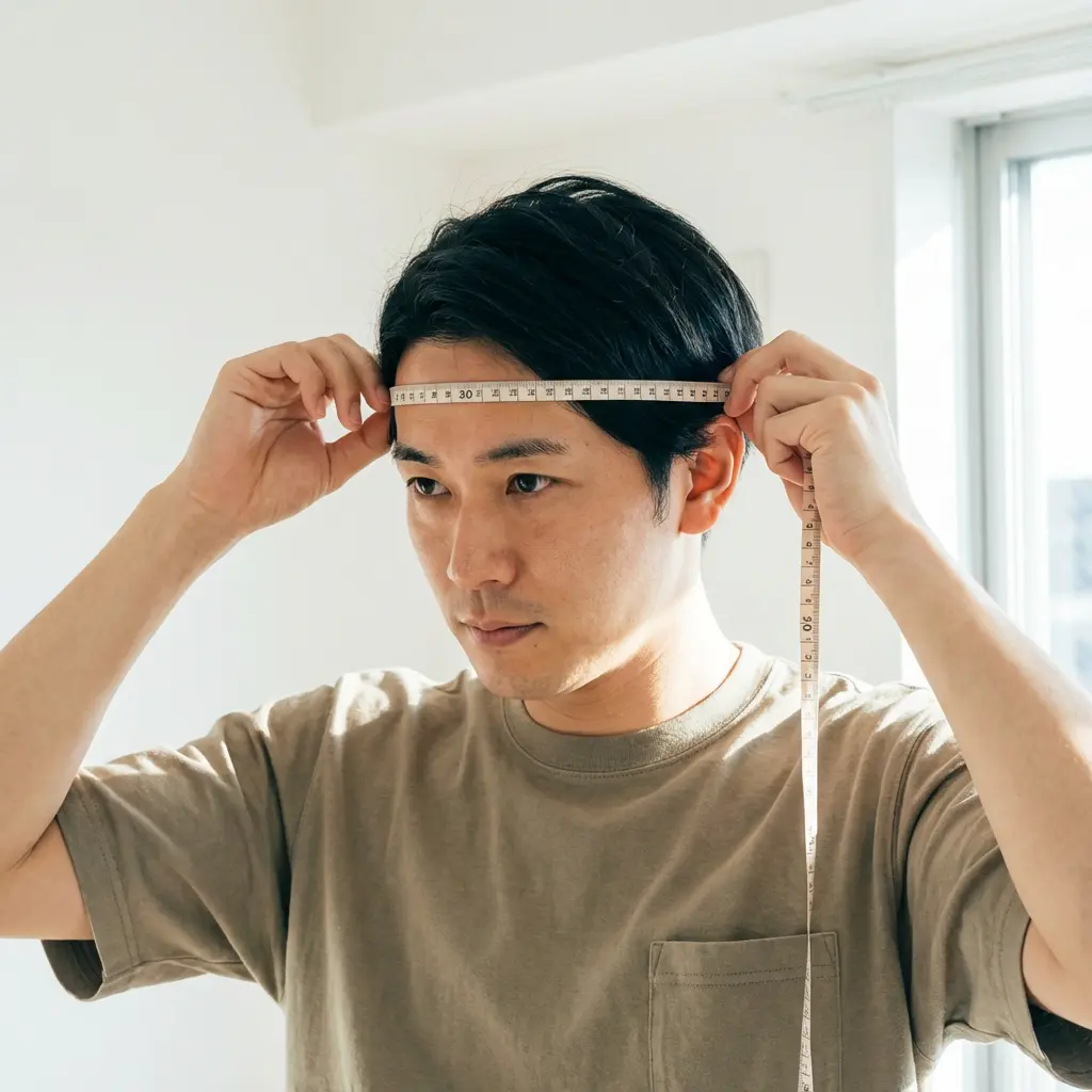 メジャーで頭のサイズを測定している様子