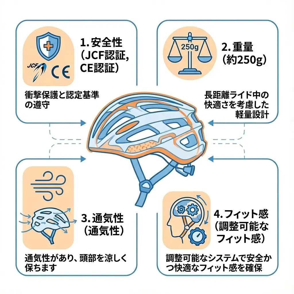 ヘルメット選びの4つの基準を示すインフォグラフィック
