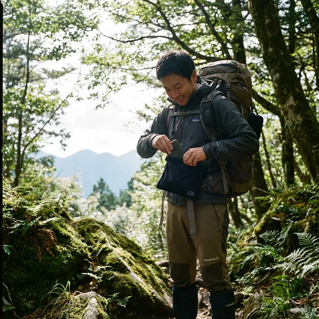 登山中にサコッシュからスマホを取り出すハイカー