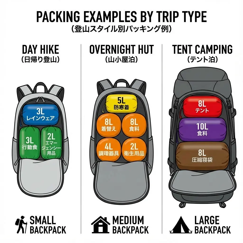 登山スタイル別パッキング例