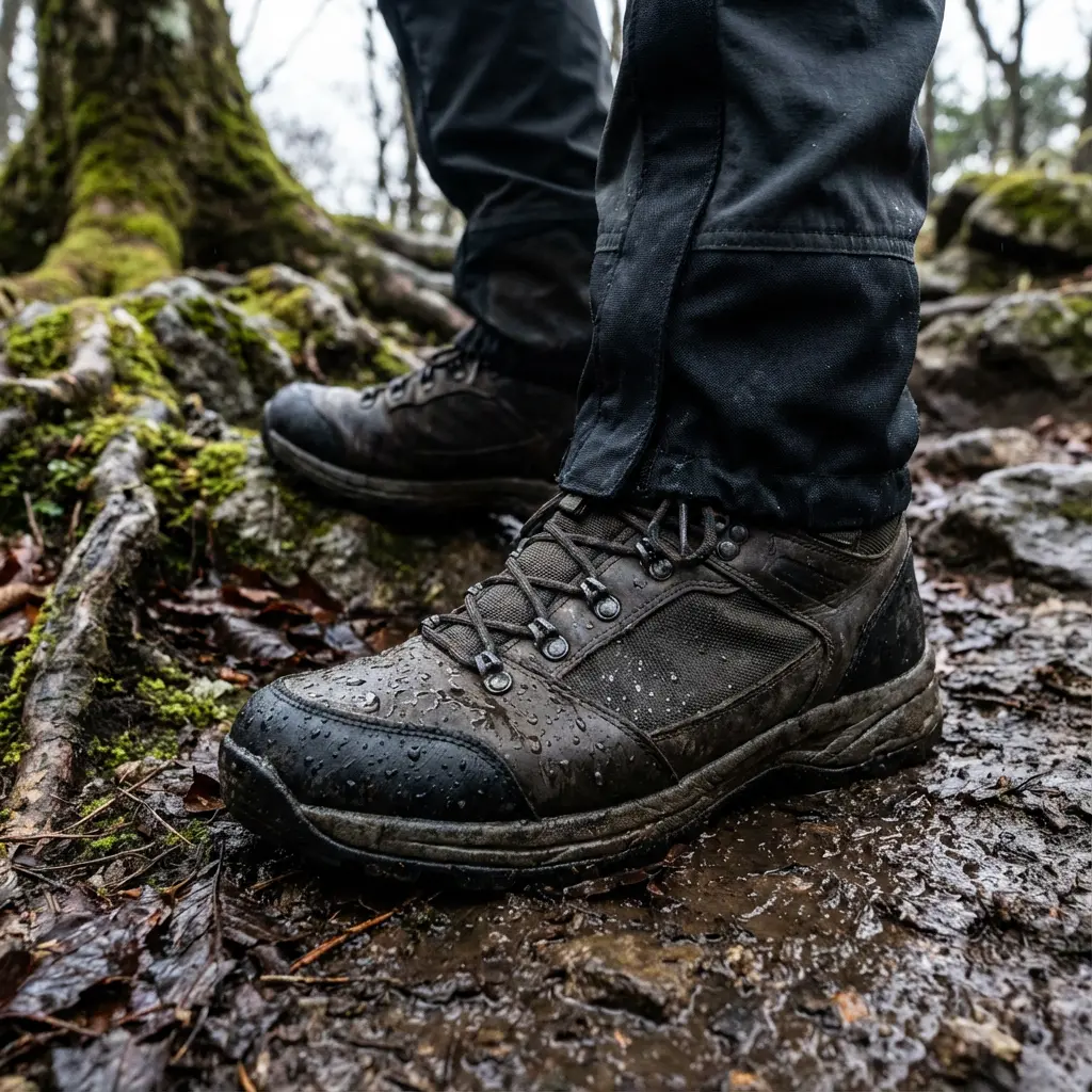 雨の登山道を歩くゴアテックス登山靴
