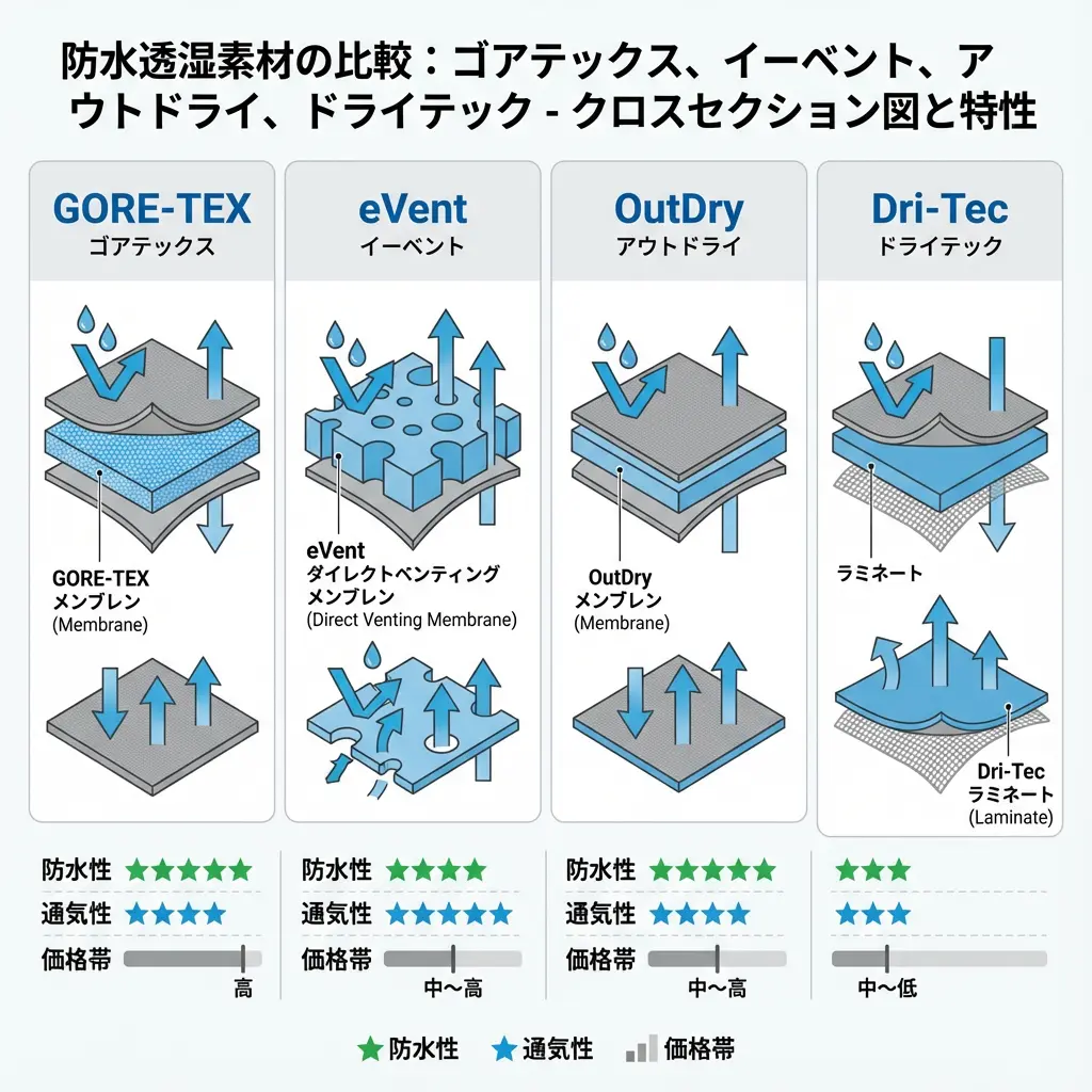 防水透湿素材の比較図
