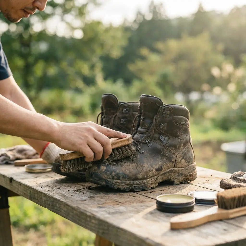 登山靴のブラッシング作業