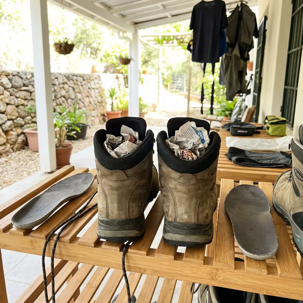 登山靴を風通しの良い場所で乾燥させている様子