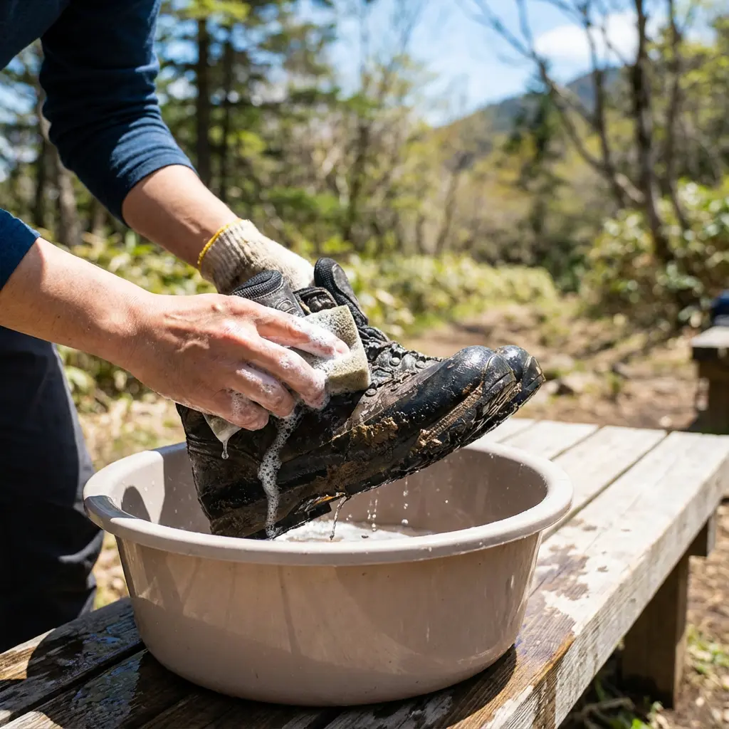登山靴の水洗い作業