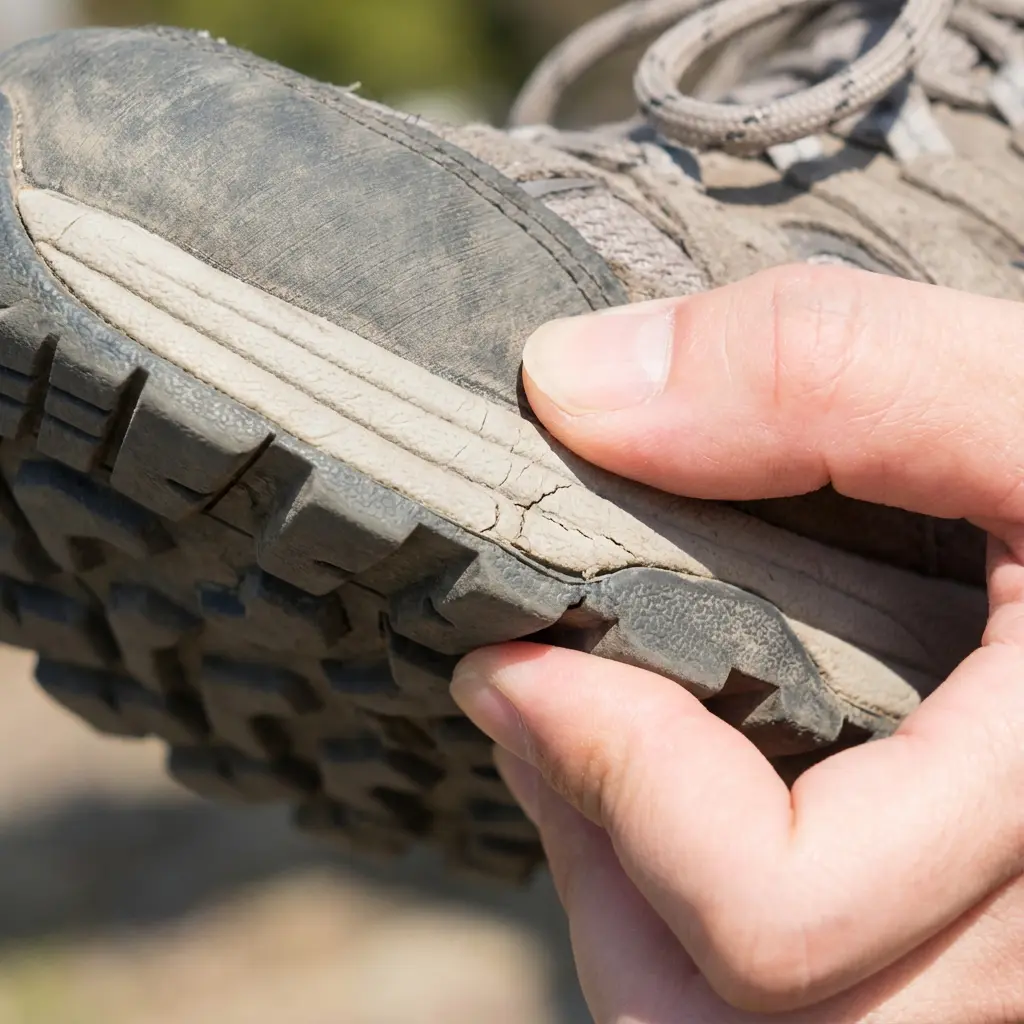 ソールの劣化状態をチェックしている様子