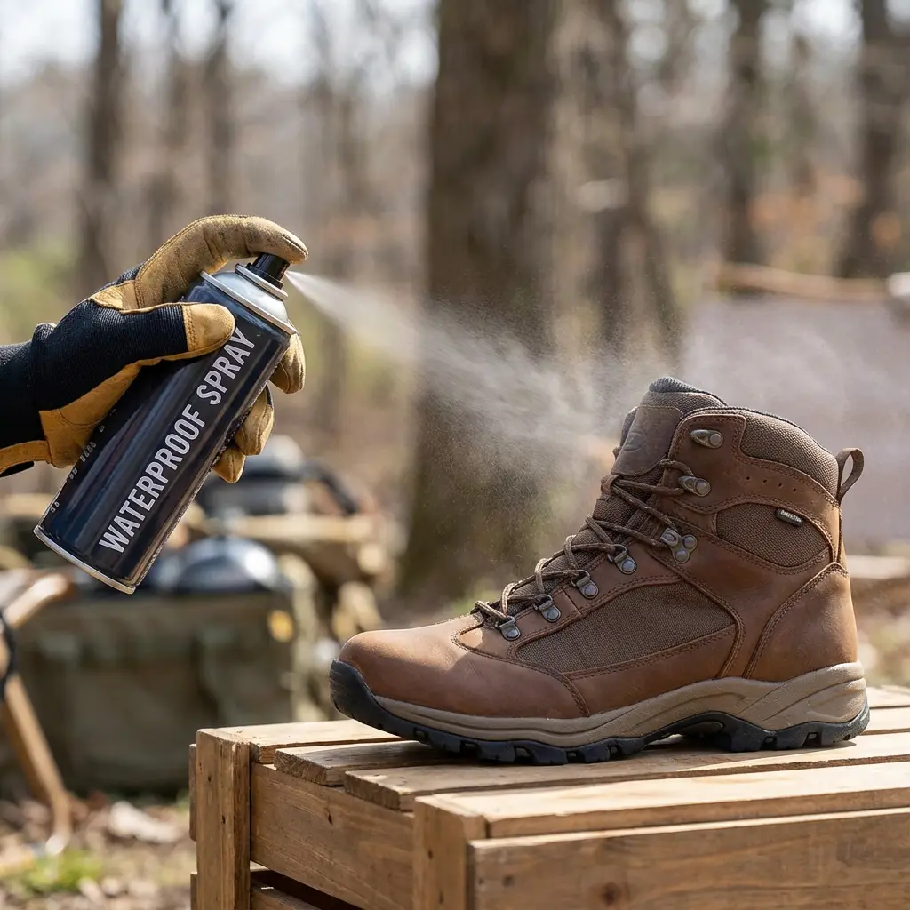 撥水スプレーを使用している様子