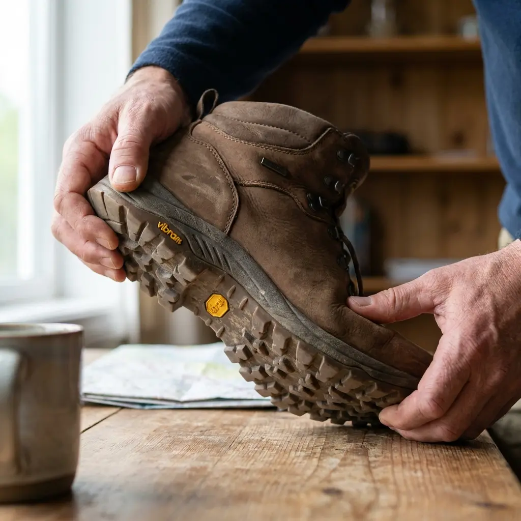 中級者向け登山靴のソール剛性をチェックする手元のクローズアップ写真・買い替え時の選び方ガイド