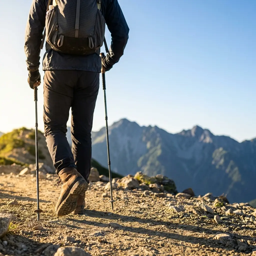中級者向けミッドカット登山靴を履いて北アルプスの稜線を歩く登山者の後ろ姿