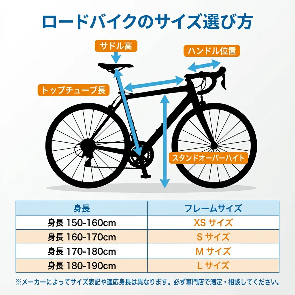 ロードバイクのサイズ選びのイメージ図。身長とフレームサイズの対応表など