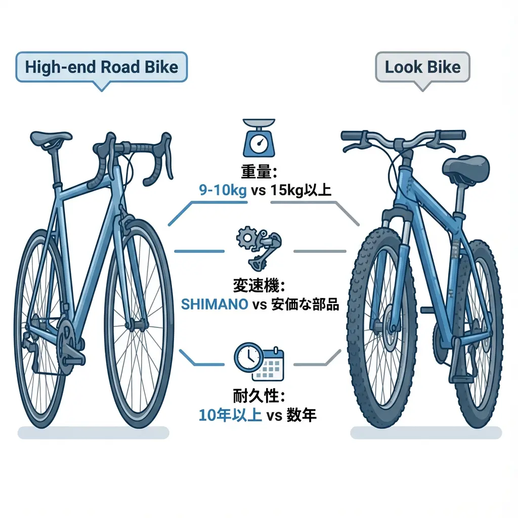 ロードバイクとルック車のフレーム構造の違いや溶接痕の比較図解