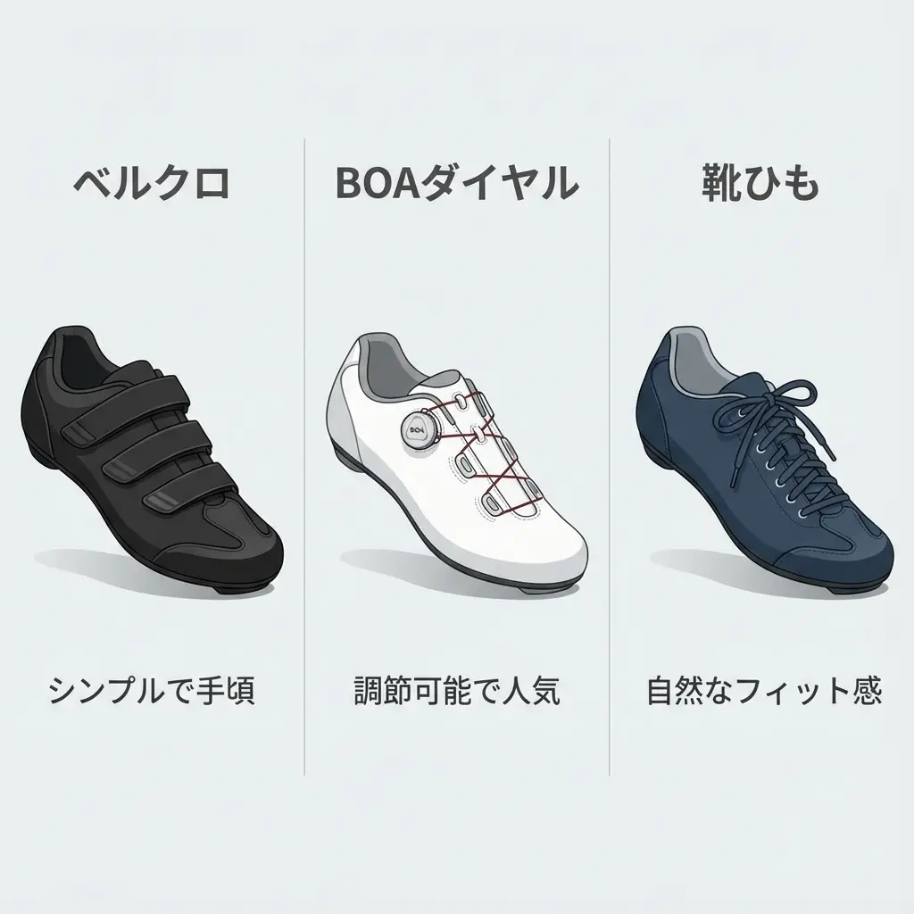 BOAダイヤル、ベルクロ、靴紐など固定方法の違い