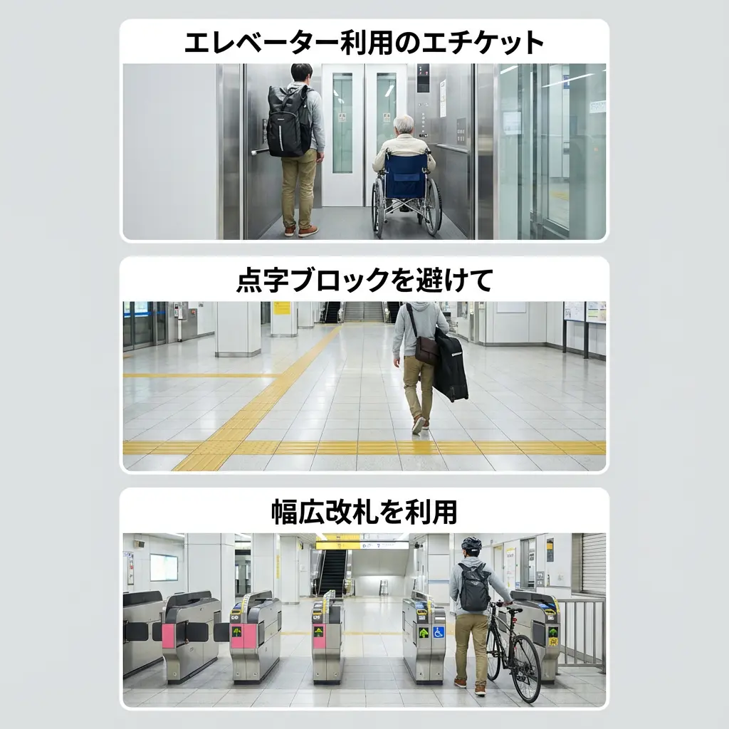 駅での輪行マナー説明図