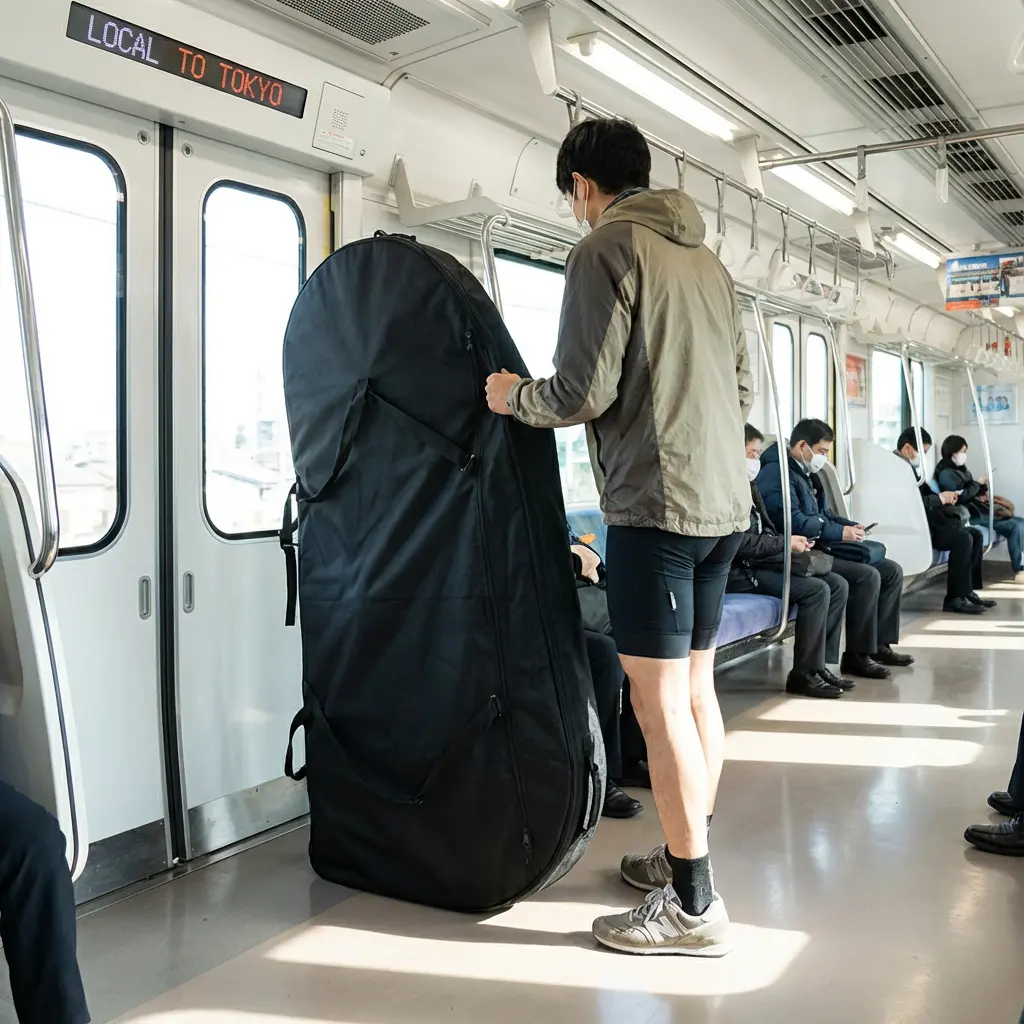 電車内の輪行袋を持った乗客