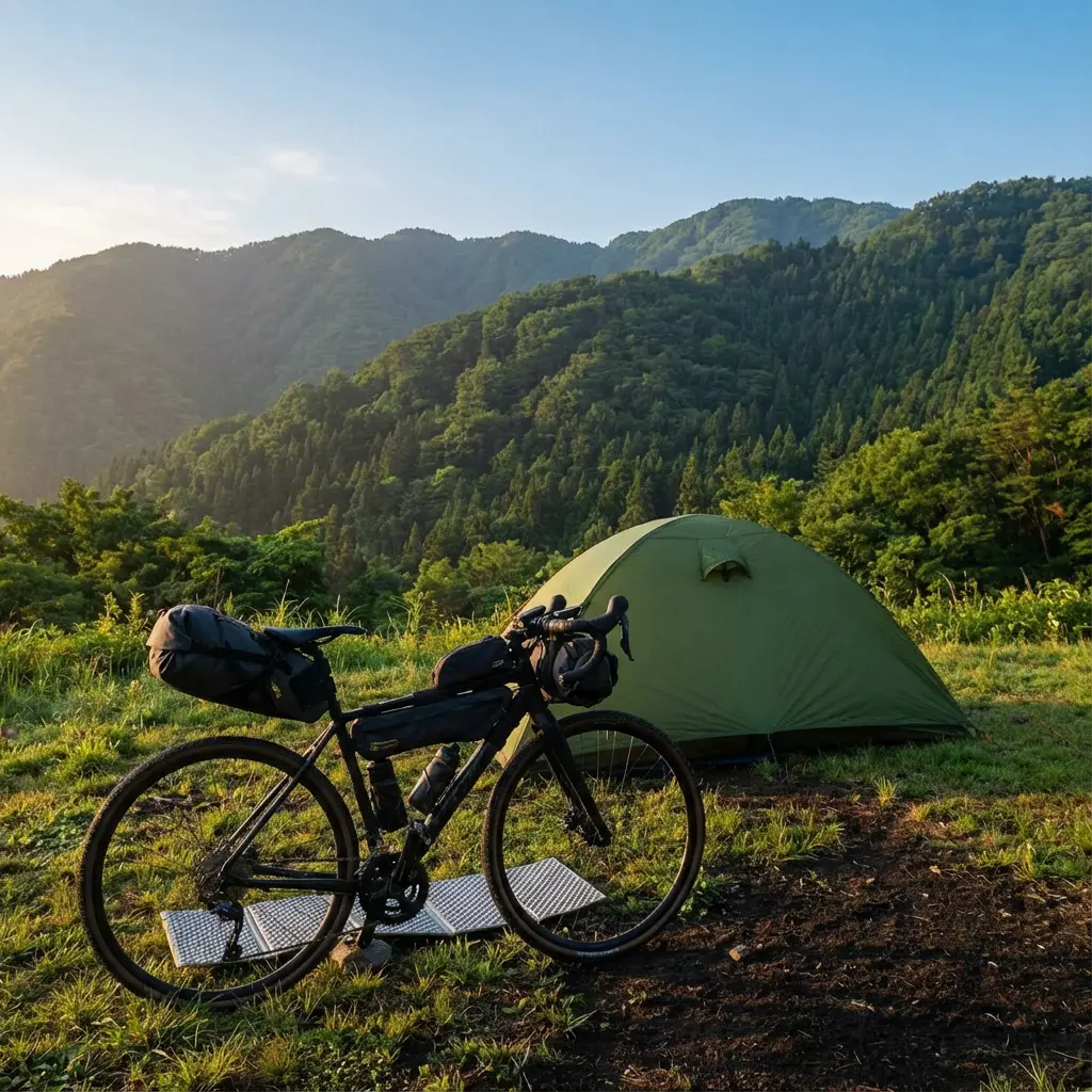 自転車とテントでのキャンプツーリング風景