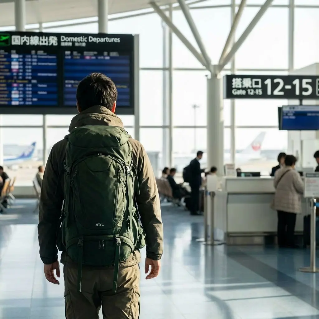 空港ターミナルでバックパックを背負う旅人