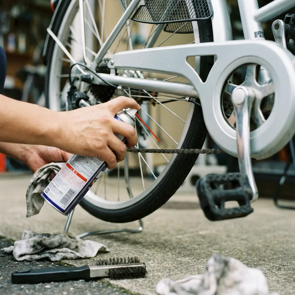 自転車のチェーンメンテナンスの様子