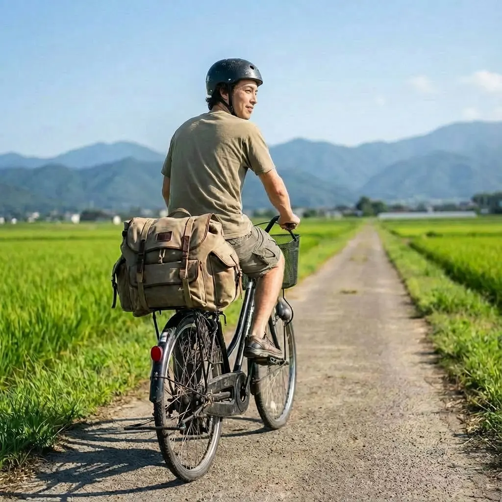 田舎道を走るママチャリサイクリングの様子