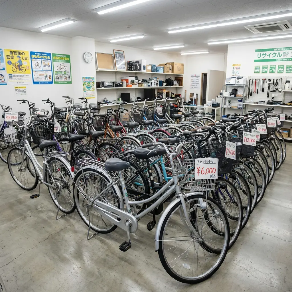 リサイクルショップに並ぶ中古自転車
