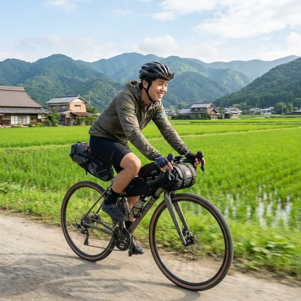 美しい自然の中を自転車で走る旅行者