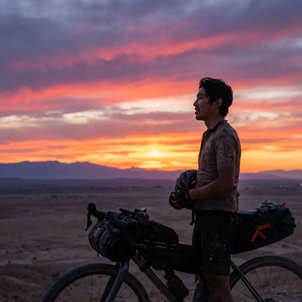 夕日の中を走る満足そうな自転車旅行者