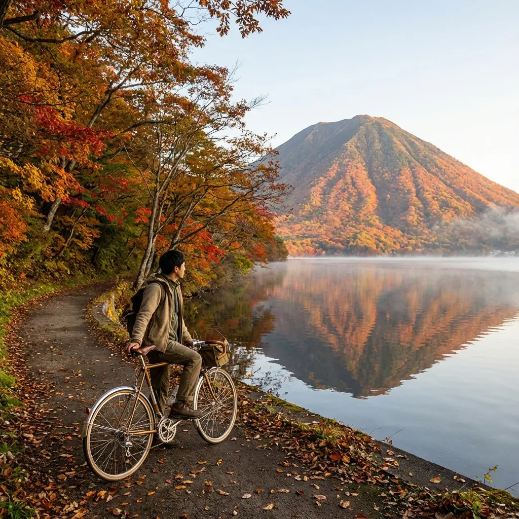 中禅寺湖の紅葉サイクリング風景