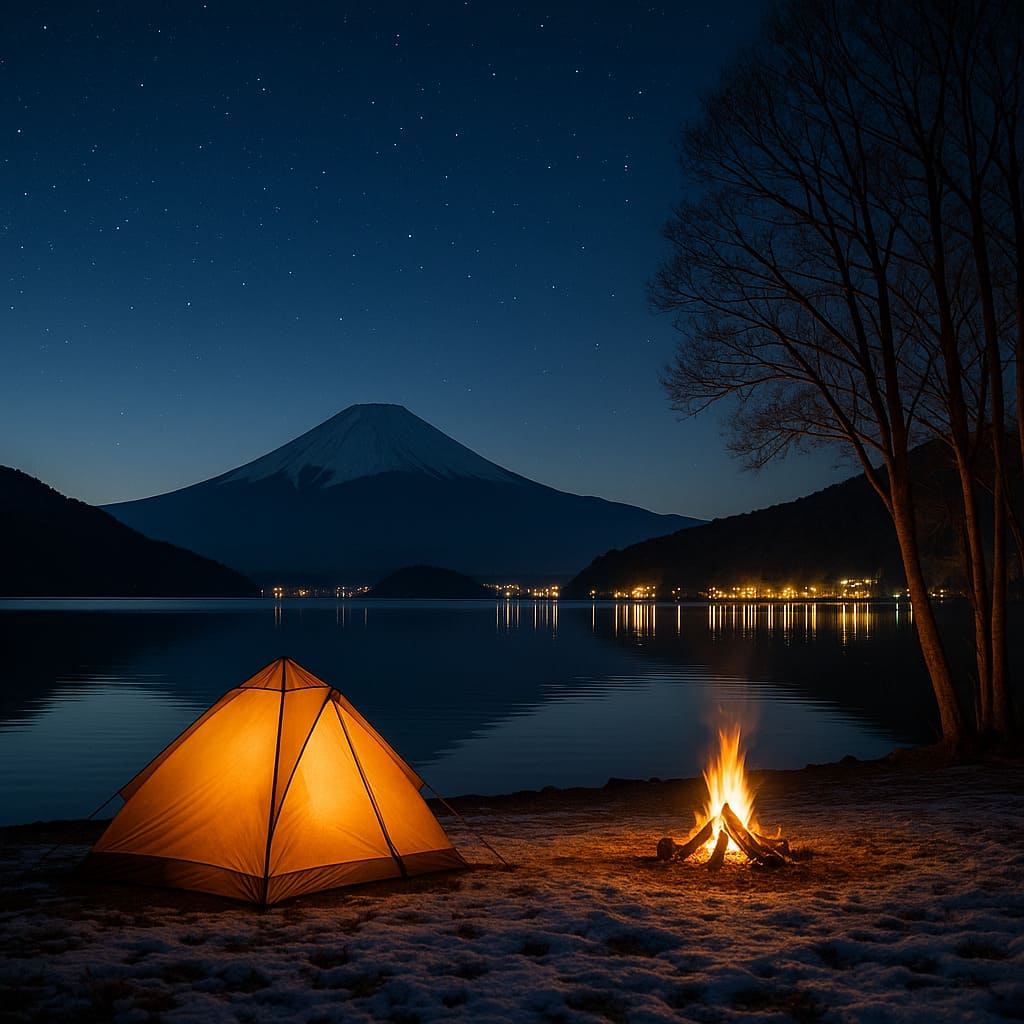 芦ノ湖畔の冬夜景キャンプ