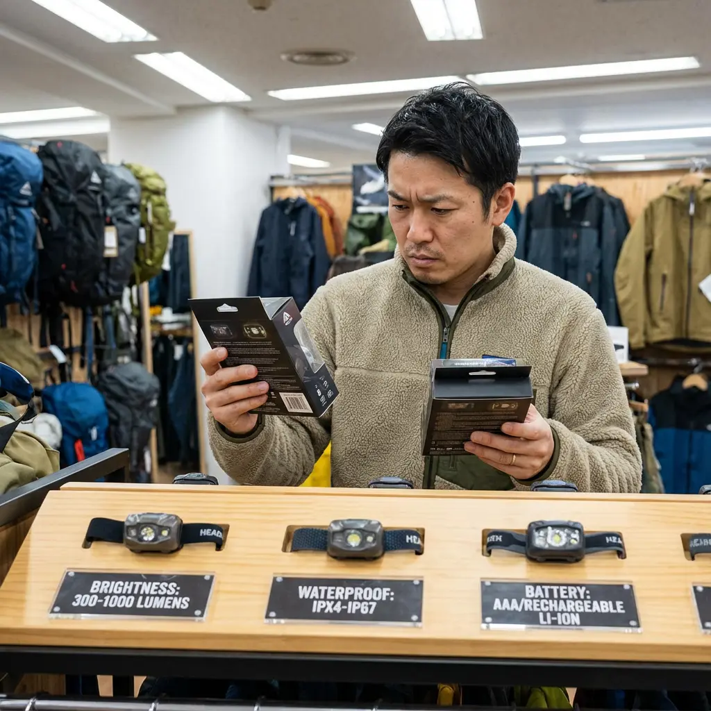 ヘッドライトの選び方を考える登山者