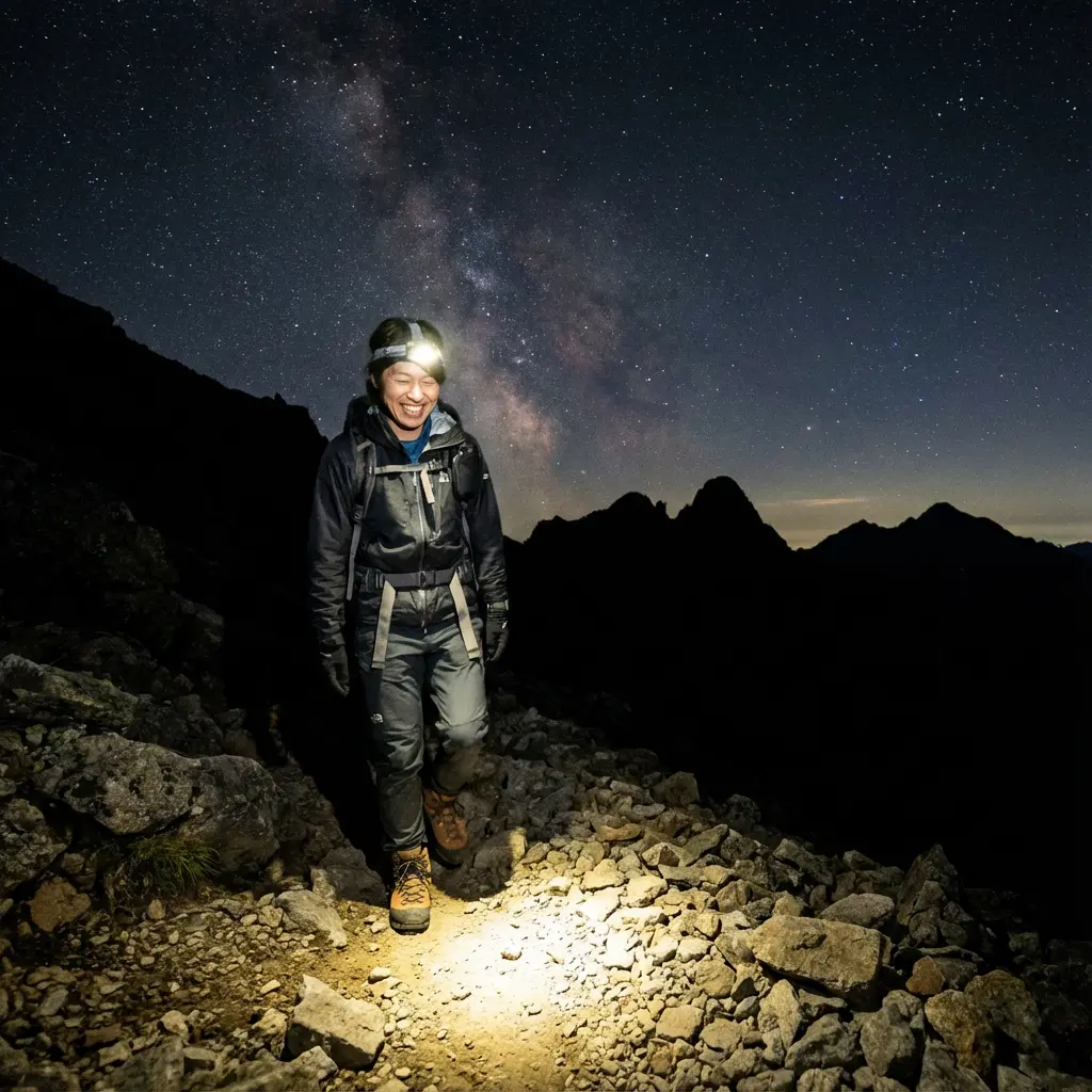 ヘッドライトを装着して満足する登山者