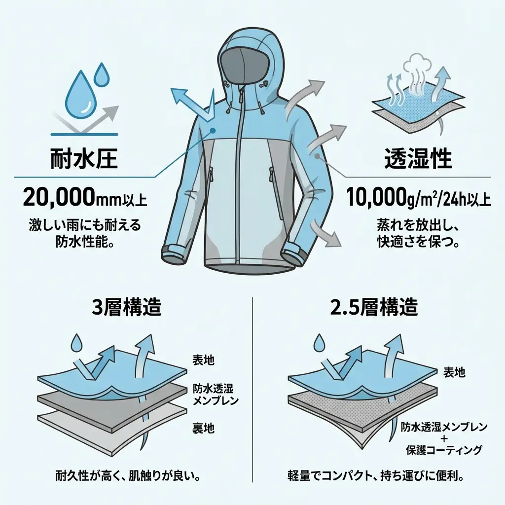 レインウェアのスペック表（耐水圧・透湿性）の見方を解説するインフォグラフィック風の図解