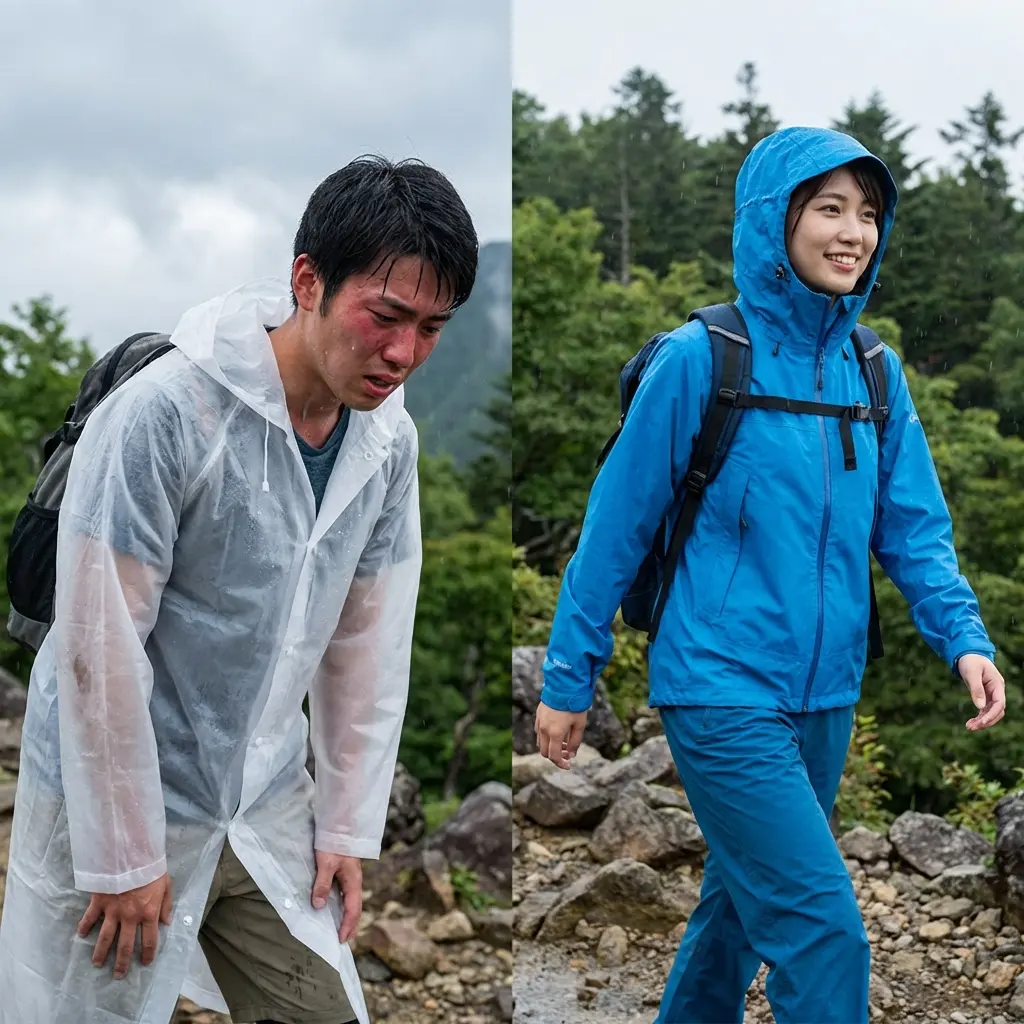 コンビニのビニールガッパで汗だくになり疲弊する人と、登山用レインウェアで涼しい顔をして歩く人の対比イメージ