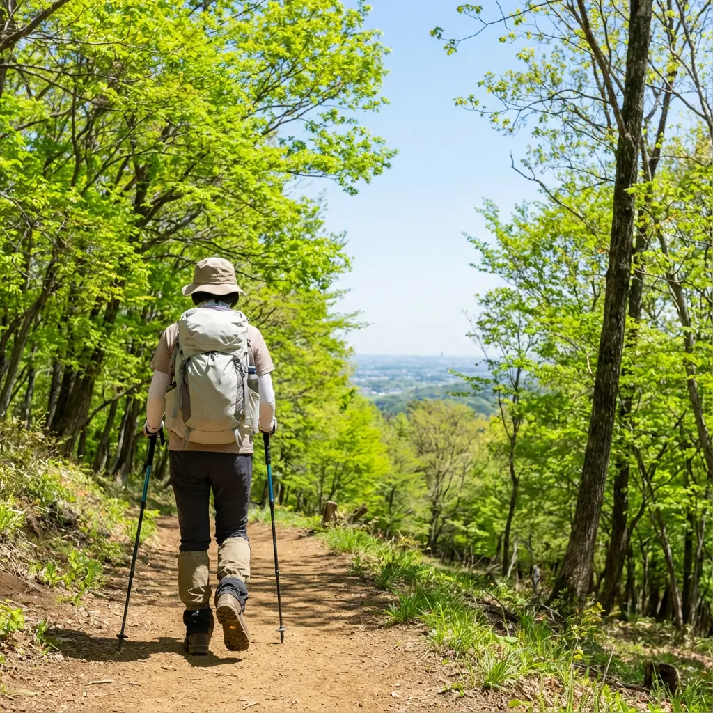 関東の低山登山道を歩くハイカー