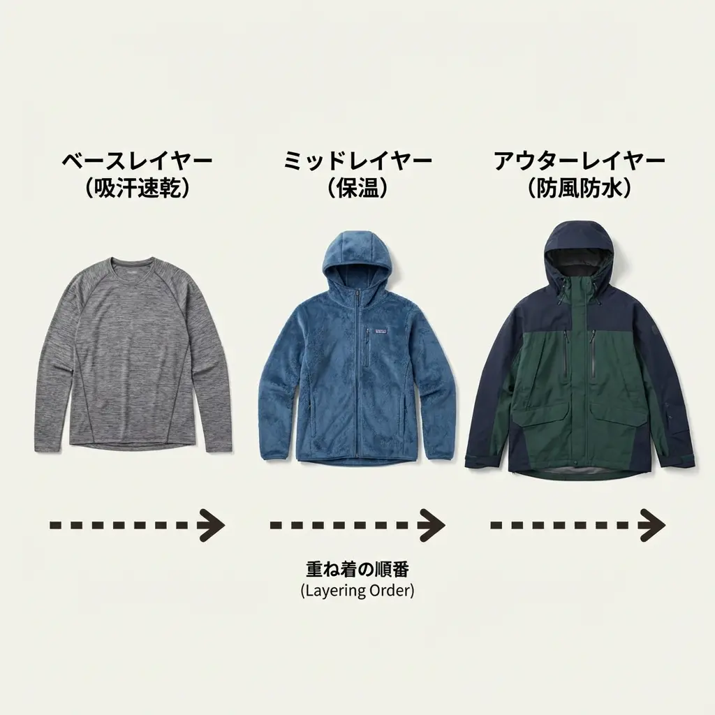 登山の3層レイヤリングの構成図