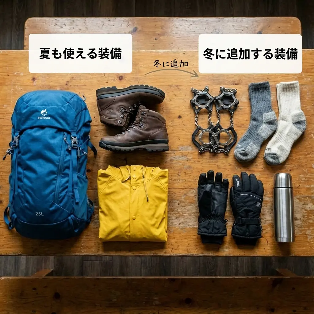 夏用装備と冬用追加装備の比較