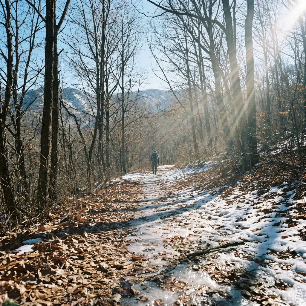 雪がうっすら積もった冬の低山登山道