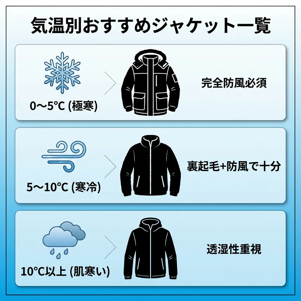 気温別サイクリングジャケット選択ガイド」インフォグラフィック