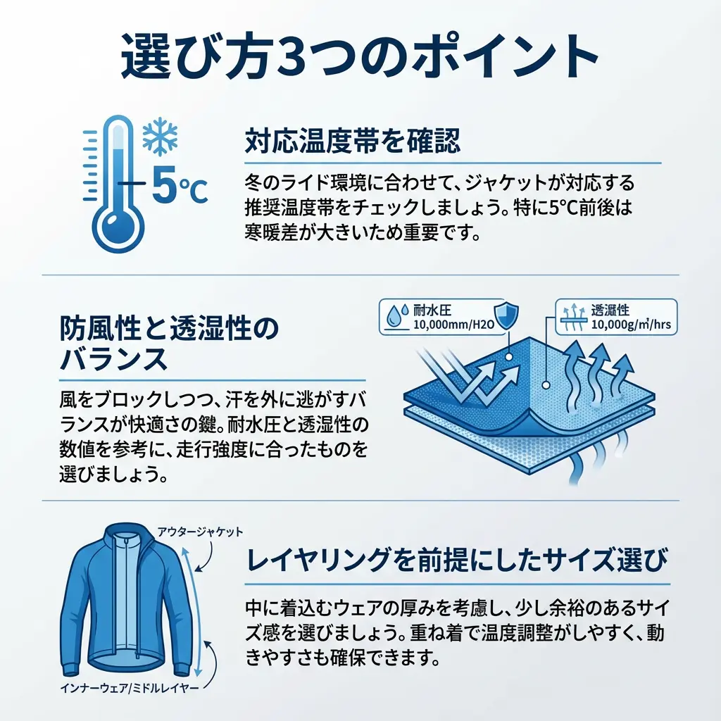 冬用サイクリングジャケットの選び方3つのポイント」インフォグラフィック