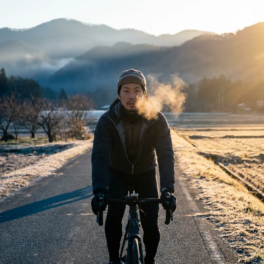 冬のサイクリングで温度調整に悩むライダー