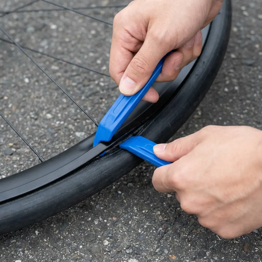 タイヤレバーでビードを外す作業