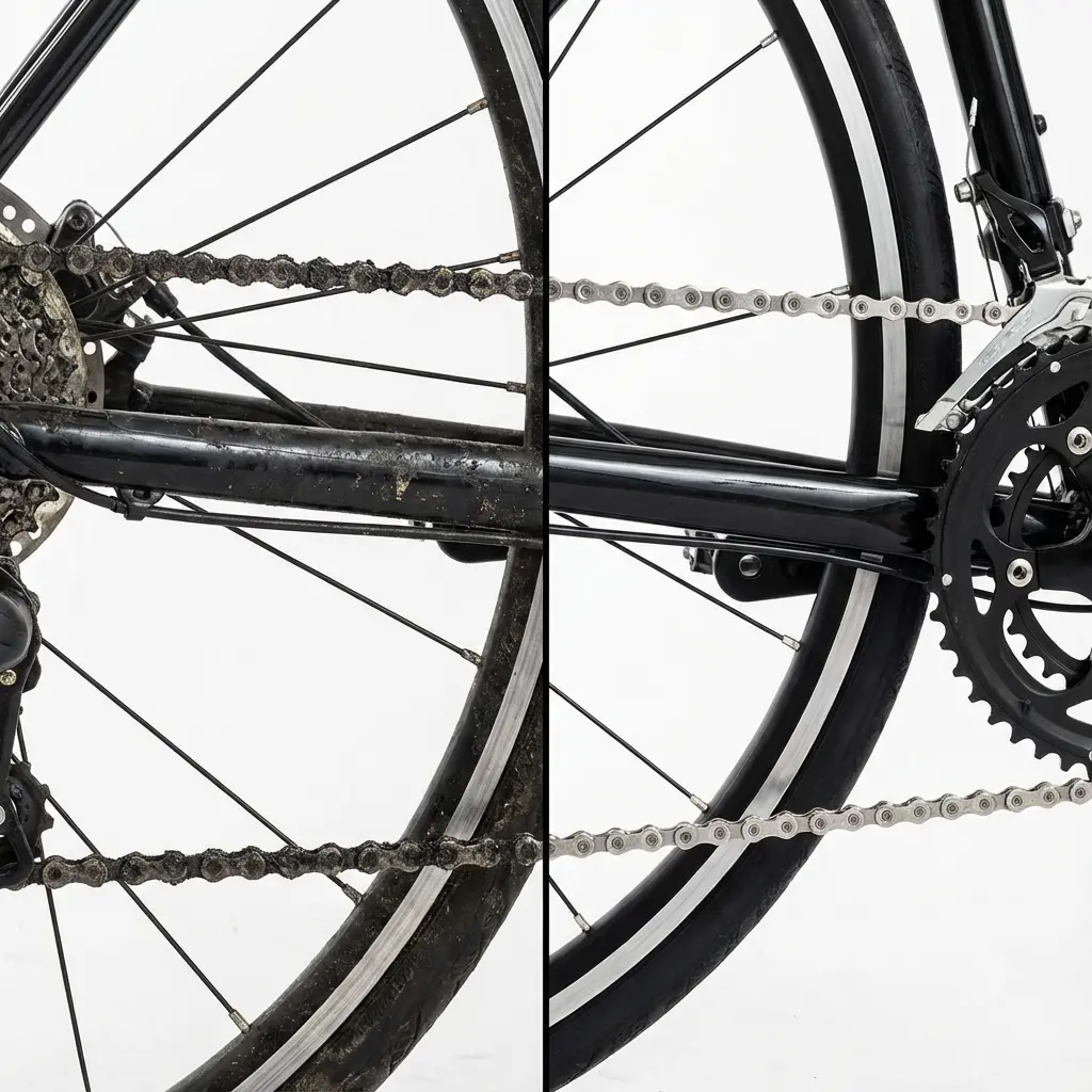 汚れたチェーンと洗浄後のピカピカなチェーンの比較