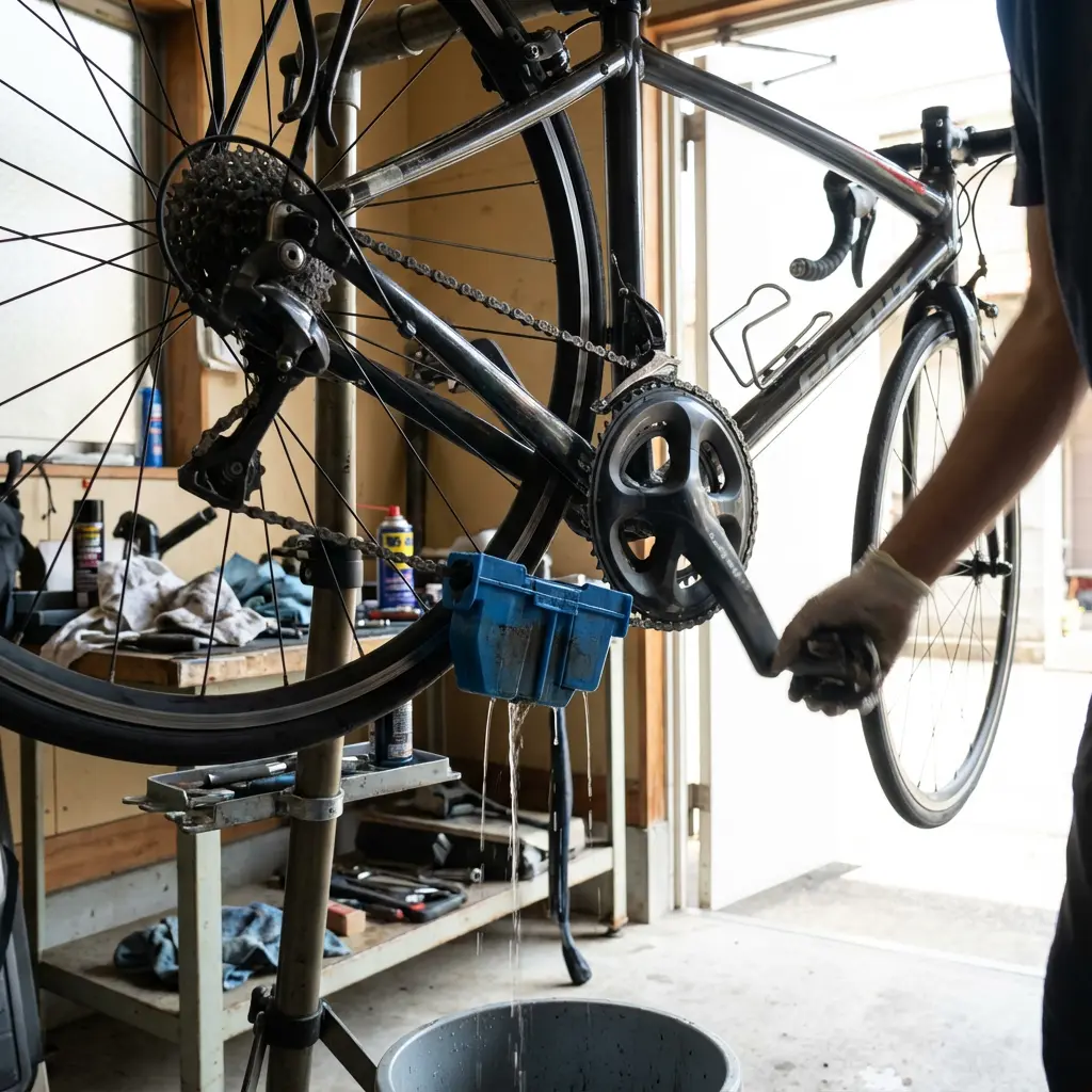 チェーン洗浄機を使ってチェーンを洗っている様子