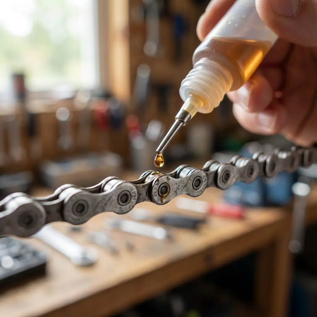 チェーンのコマ一つ一つにオイルを注油している様子