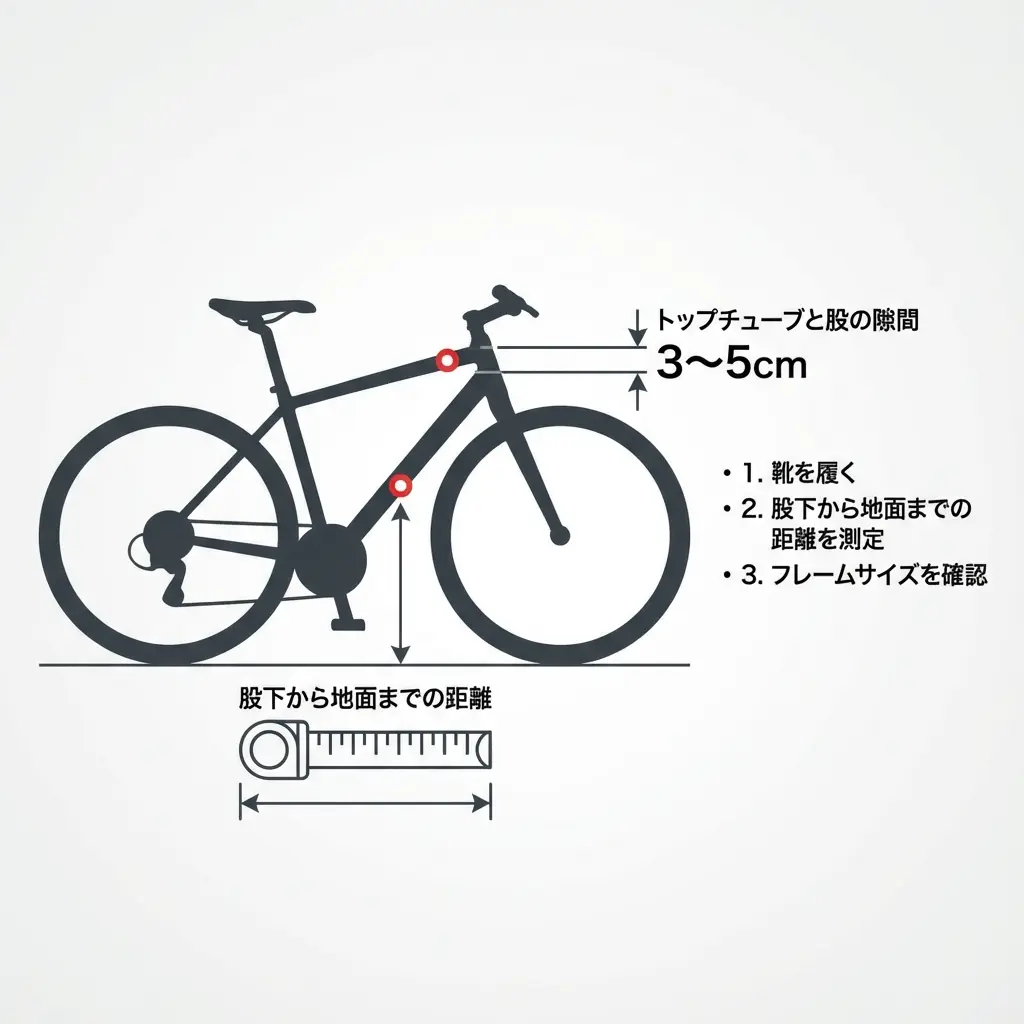 クロスバイクの適正サイズ測定方法。股下からトップチューブまでのクリアランスと測定ポイントを示した図解。